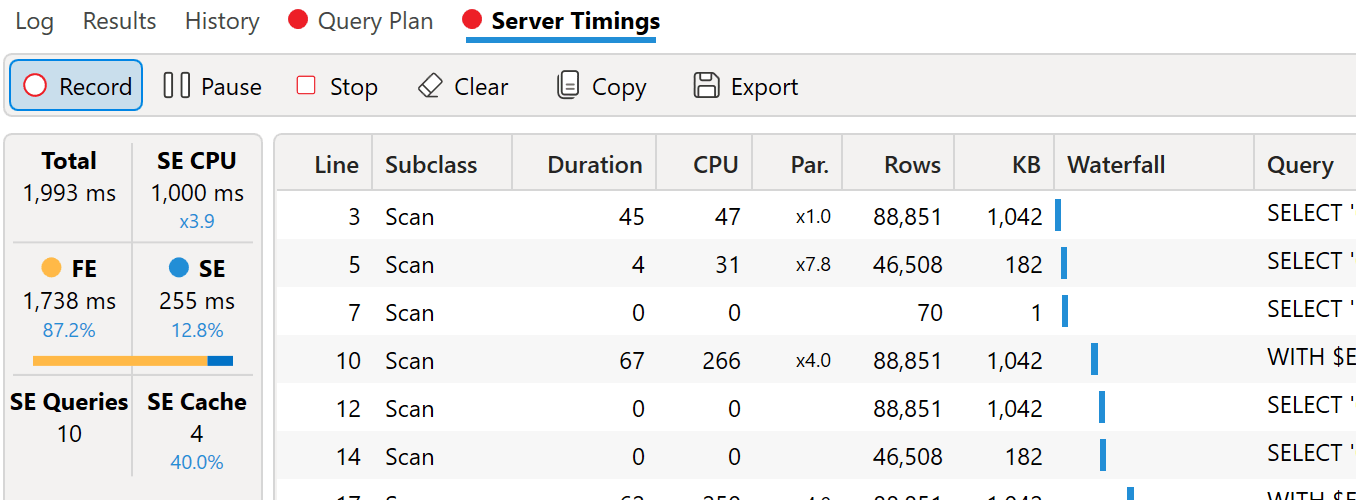 Waterfall indicator for storage engine queries