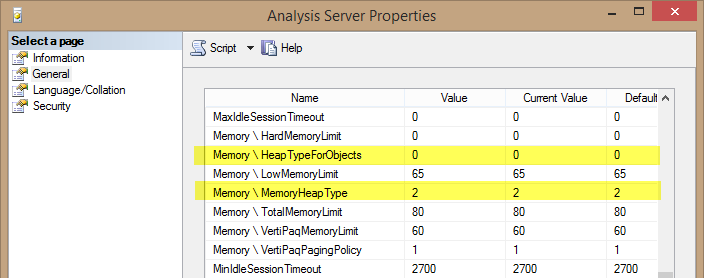 Memory Settings in Analysis Server Properties